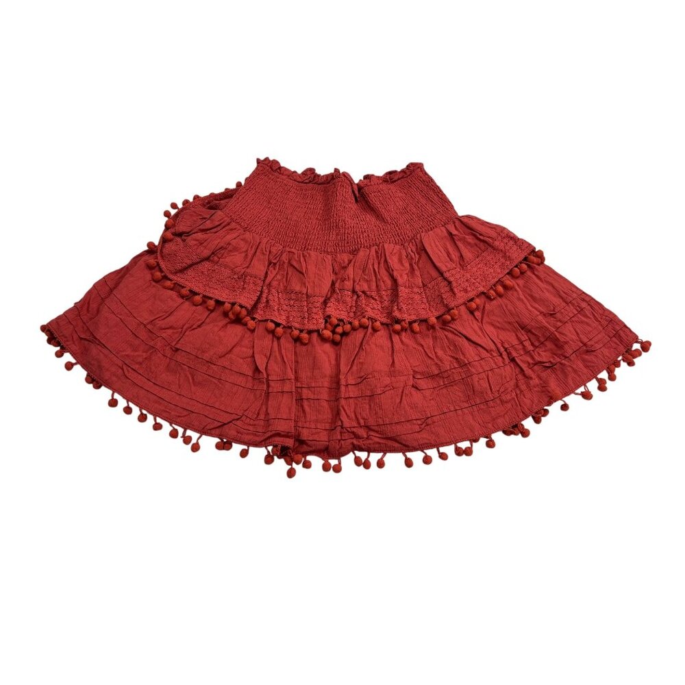 House Of Harlow 1960 Coral Tiered Mini Skirt With Pom Pom Hem Smocked Waist Medi